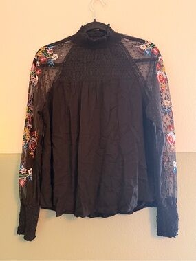 Sheer Black Blouse with Colorful Floral Embroidered Sleeves